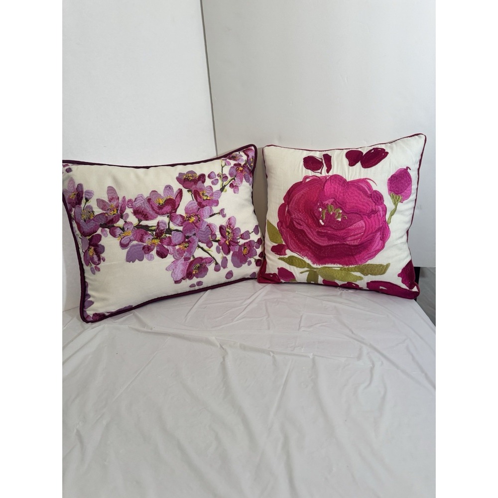 Bluebellgray Floral Embroidered Throw Pillows Set 2 Feather Filled Purple Rose